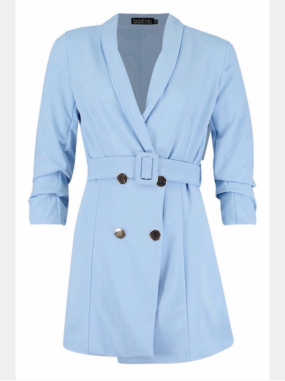 Boohoo Light Blue Double-Breasted Belted Mini Blazer Dress